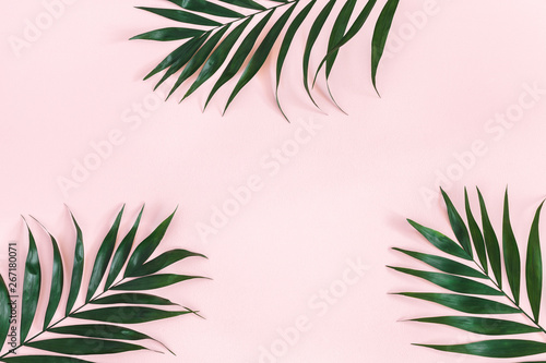 Summer composition. Tropical palm leaves on pastel pink background. Summer concept. Flat lay, top view, copy space
