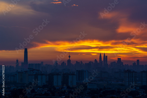 Majestic sunset over downtown Kuala Lumpur  a capital of Malaysia. Its modern skyline is dominated by the 451m-tall Petronas Twin Towers.