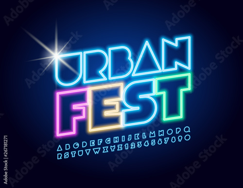 Vector bright neon poster Urban Fest with glowing Alphabet Letters and Numbers. Blue illuminated Font.