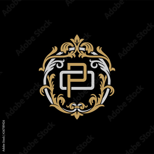 Initial letter O and P  OP  PO  decorative ornament emblem badge  overlapping monogram logo  elegant luxury silver gold color on black background