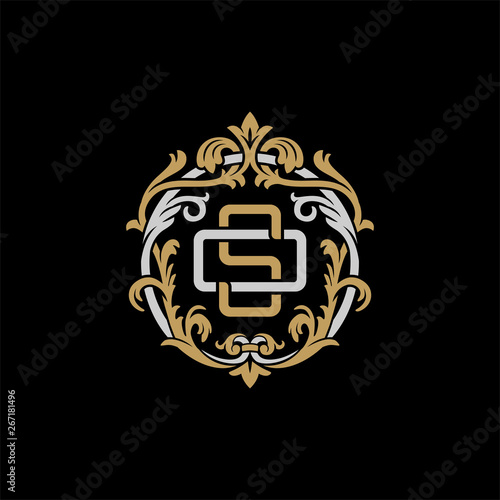 Initial letter O and S, OS, SO, decorative ornament emblem badge, overlapping monogram logo, elegant luxury silver gold color on black background