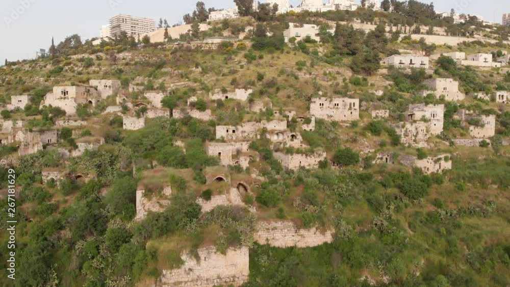 Flying over abandoned Palestinian Lifta Village Aerial view of Lifta abandoned Palestinian Village on the outskirts of Jerusalem Israel Flying over abandoned Palestinian Lifta Village Aerial view of Lifta abandoned Palestinian Village on the outskirts of Jerusalem Israel