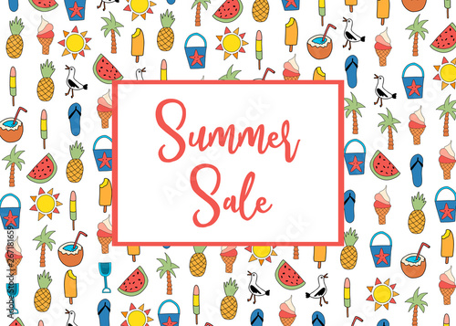 Summer Sale banner vector with summer icons pattern. Watermelon, popsicle, pineapple, coconut, ice cream cone, palm tree, seagull, flipflop sandal, sunscreen
