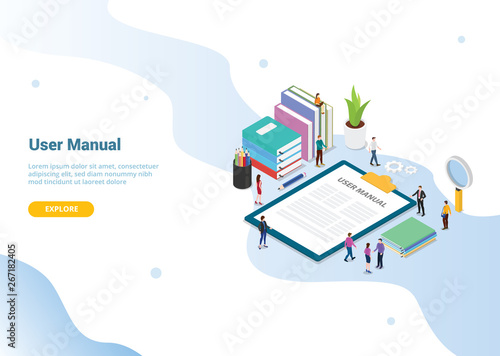 user manual book concept with people and some guide on the clipboard for website template design or landing homepage - vector