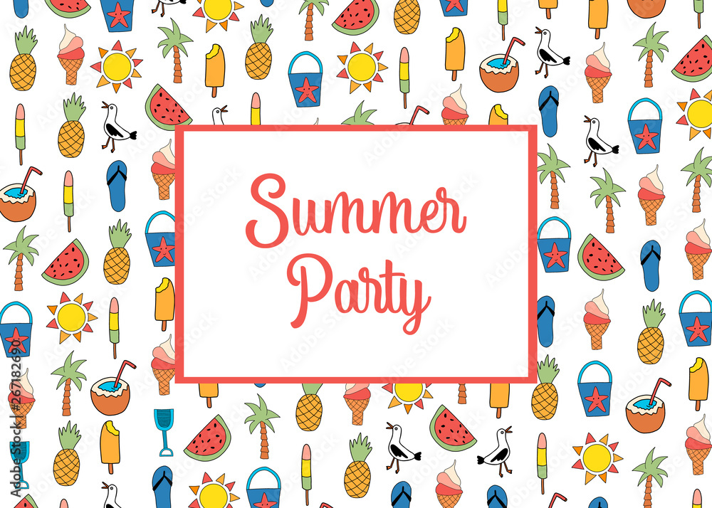 Summer party invitation card template vector with summer icons pattern. Watermelon, popsicle, pineapple, coconut, ice cream cone, palm tree, seagull, flipflop sandal, sunscreen