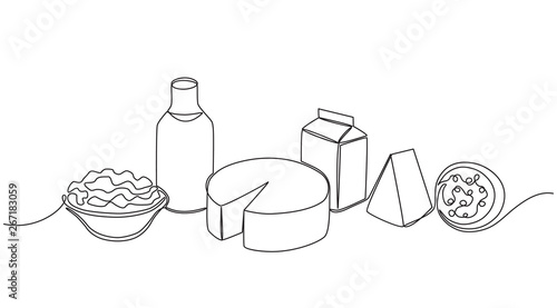 monochrome sketchy set of dairy products created in continuous line style.