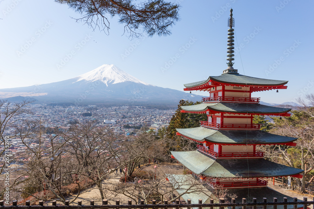 Winter, Chureito pagoda and Fuji mountain in the background view from observation deck
