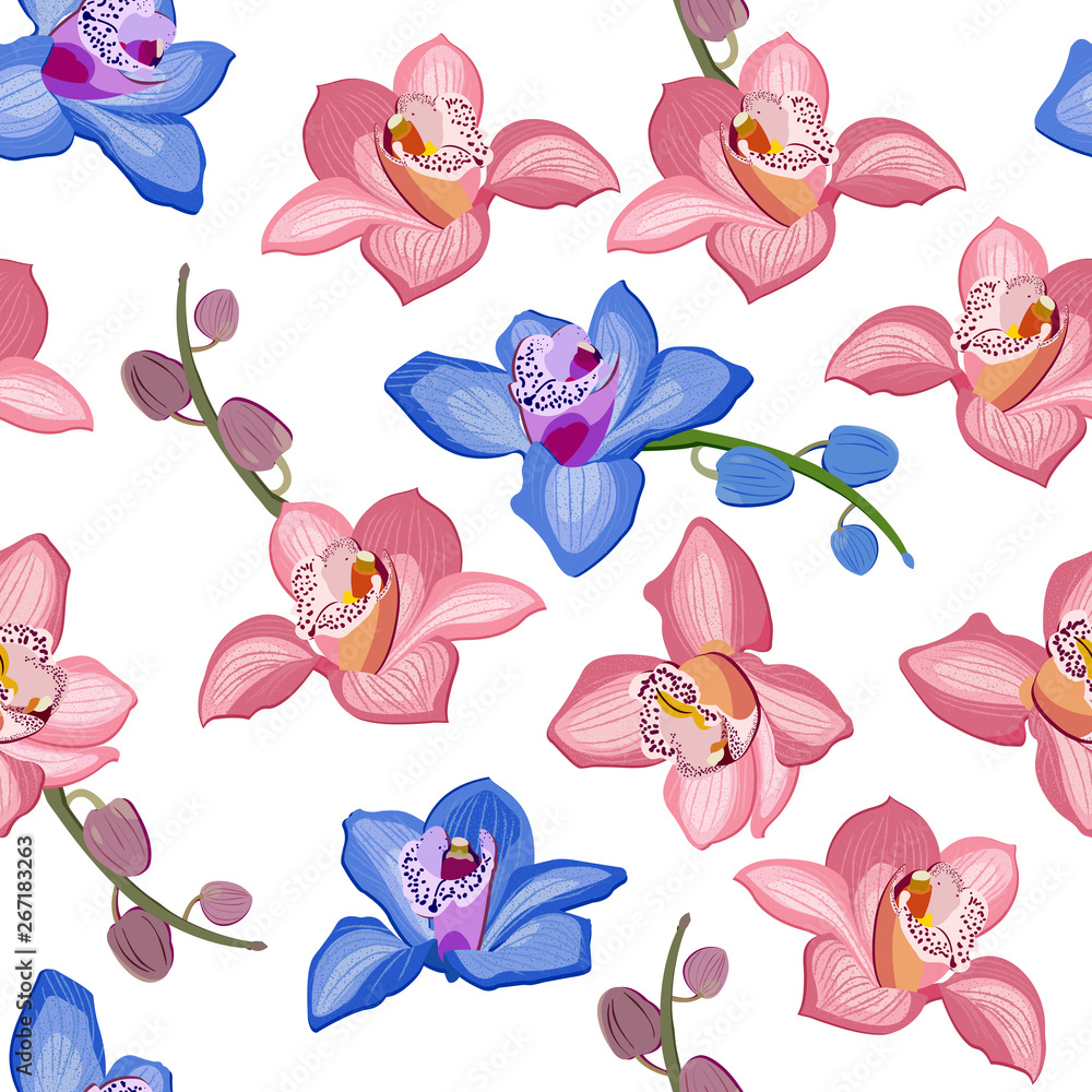 Pink and blue orchid floral seamless pattern. Flowers bloom blossom foliage on white background.