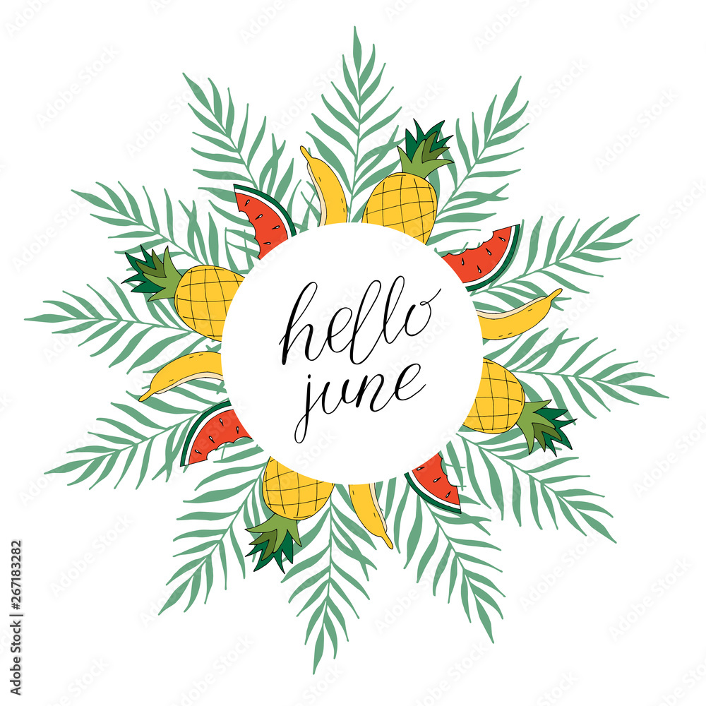 Vector frame with tropical leaves and lettering - Sun, please. Cartoon style. Colorful illustration with place for your text. Summer banner. tropical frame with leaves on white background. Vector frame with tropical leaves and lettering - Sun, please. Cartoon style. Colorful illustration with place for your text. Summer banner. tropical frame with leaves on white background.