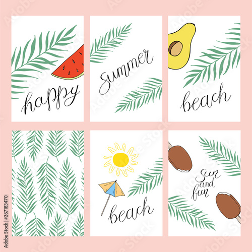 Set of summer labels with hand drawn elements.Fresh healthy food tropical collection, badges or labels vector template.Big set of summer hand drawn tags,cards,poster,banner for holiday,beach vacation.