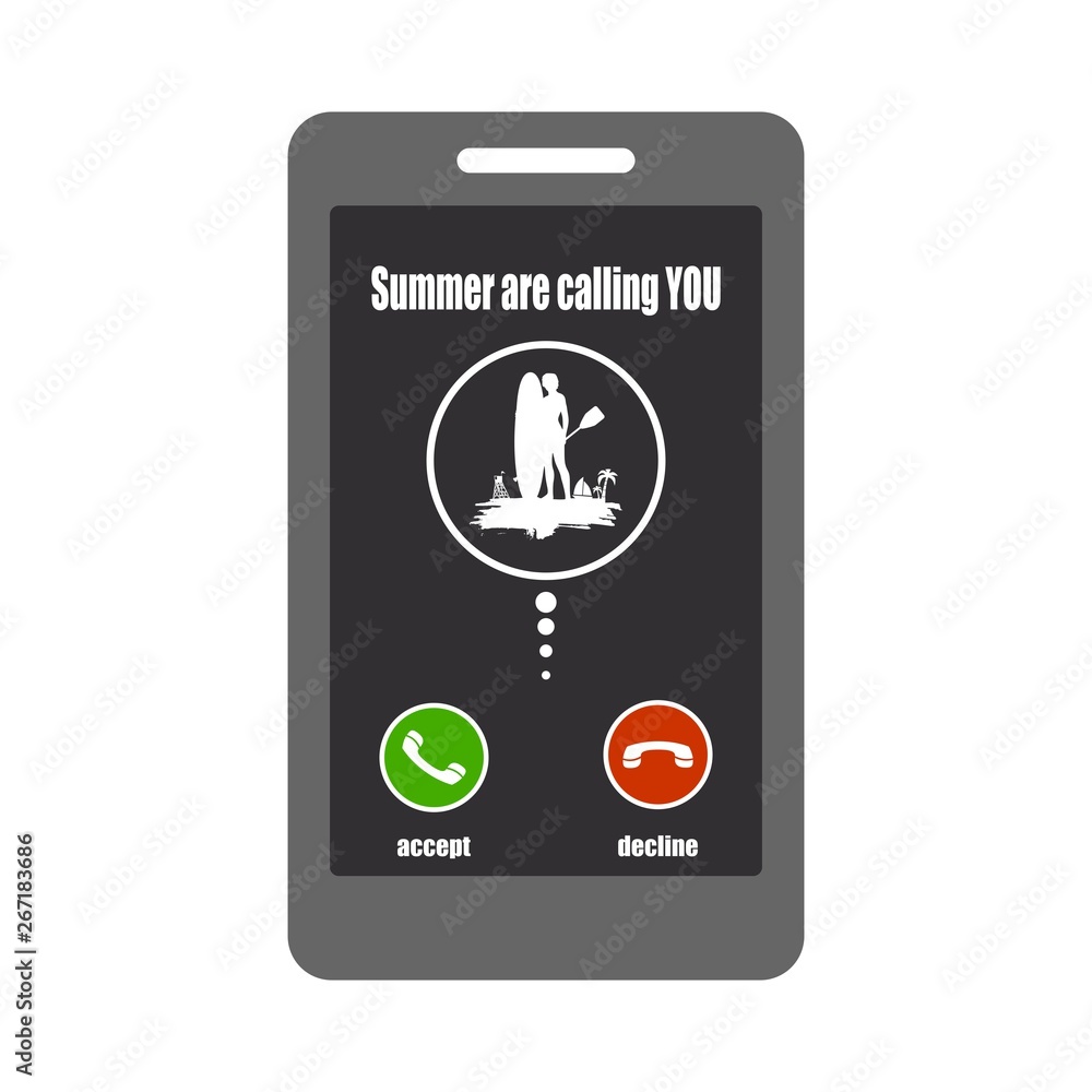 Smartphone with call screen. Ready for answer concept. Graphic elements for business. Woman posing with surfboard and paddle on grunge brush stroke. Palm and lifeguard tower. Stand up paddle boarding Smartphone with call screen. Ready for answer concept. Graphic elements for business. Woman posing with surfboard and paddle on grunge brush stroke. Palm and lifeguard tower. Stand up paddle boarding