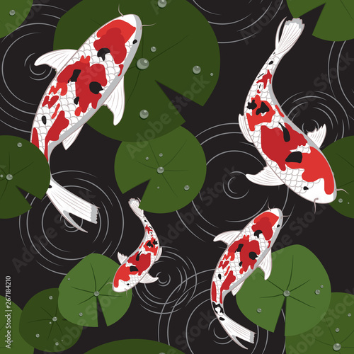 Traditional japanese ornament. Seamless pattern. ripple an koi carps. Asian nautical background. Vector fish illustration/ Japanese pattern design- Vector