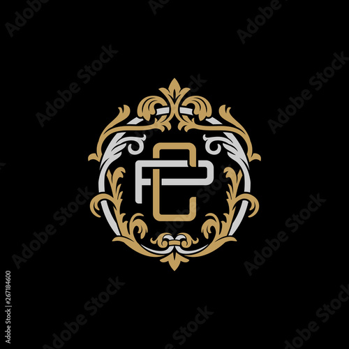 Initial letter P and C, PC, CP, decorative ornament emblem badge, overlapping monogram logo, elegant luxury silver gold color on black background