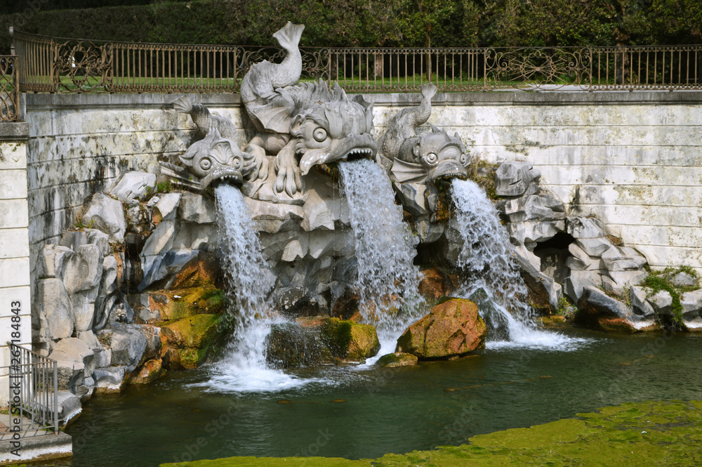 Three Dolphin fountain in the royal park in Caserta.