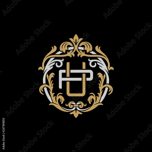 Initial letter P and U, PU, UP, decorative ornament emblem badge, overlapping monogram logo, elegant luxury silver gold color on black background
