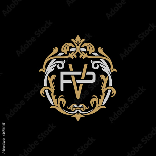 Initial letter P and V, PV, VP, decorative ornament emblem badge, overlapping monogram logo, elegant luxury silver gold color on black background