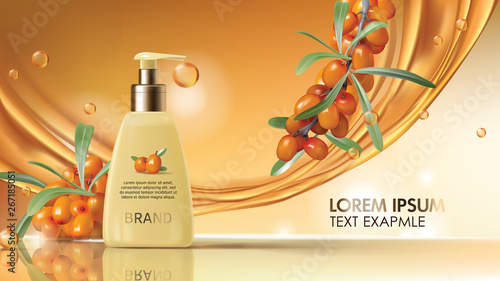 Sea buckthorn cosmetics vector realistic ads poster. Elegant packaging with cosmetic cream or lotion, branch with juicy orange seaberry, olive green leaves and flowing golden oil, magazine mockup