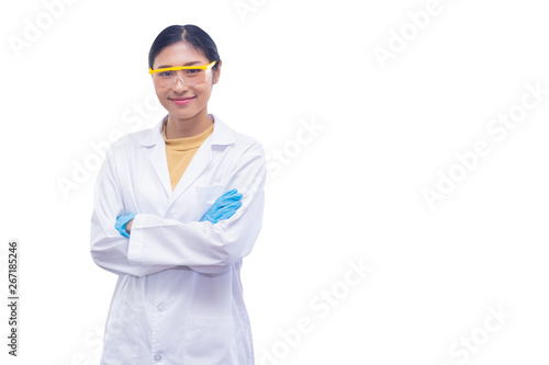 Obraz na plátně Female scientist in uniform with experimental glasses isolated on white background