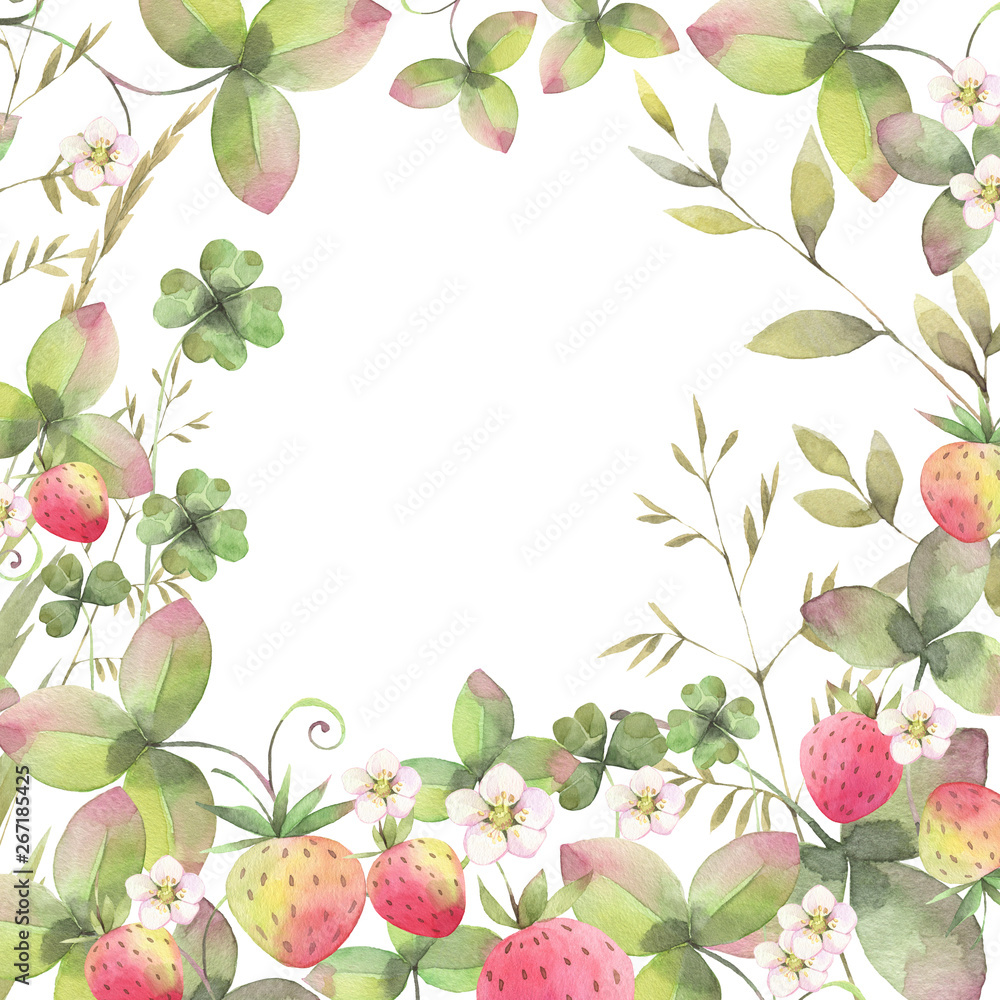 Fototapeta premium Hand painted watercolor illustration. Background with floral herb different elements. Strawberry field. 