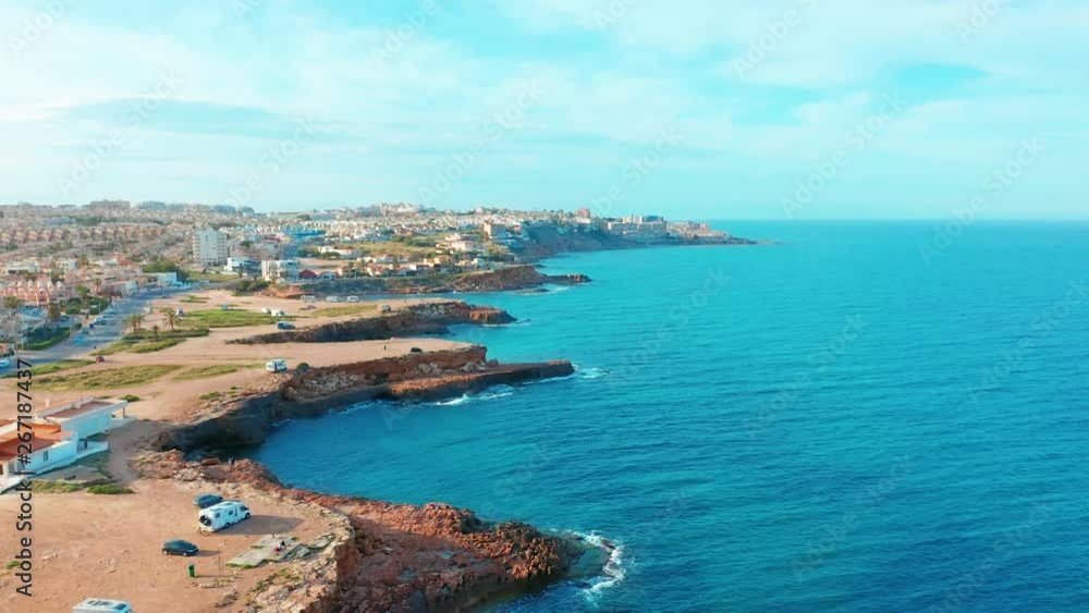 Spanish coast line, Alicante a town in the community of Valencia and the province of costa blanca Alicante Spain Europe , aerial 4k cinematic