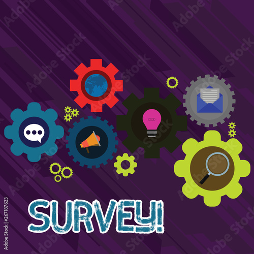 Text sign showing Survey. Business photo text research method used for collecting data from a predefined group Set of Global Online Social Networking Icons Inside Colorful Cog Wheel Gear