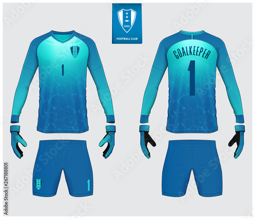 Goalkeeper jersey or soccer kit mockup. Goalkeeper glove and long sleeve jersey  template design. Sport t-shirt mock up. Front and back view soccer uniform. Football logo design. Vector Illustration.