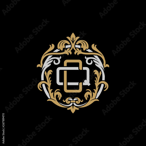 Initial letter Q and C, QC, CQ, decorative ornament emblem badge, overlapping monogram logo, elegant luxury silver gold color on black background photo