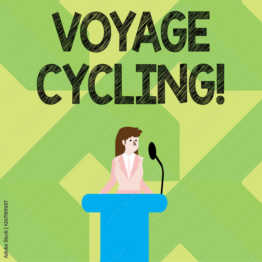 Writing note showing Voyage Cycling. Business concept for Use of bicycles for transport recreation and exercise Businesswoman Behind Podium Rostrum Speaking on Microphone Writing note showing Voyage Cycling. Business concept for Use of bicycles for transport recreation and exercise Businesswoman Behind Podium Rostrum Speaking on Microphone