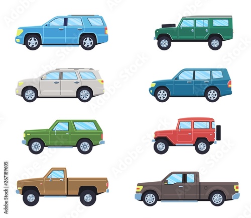 Off-road 4x4 suv cars set. Side view offroad car in different colors. Flat style suv. Vector illustration.