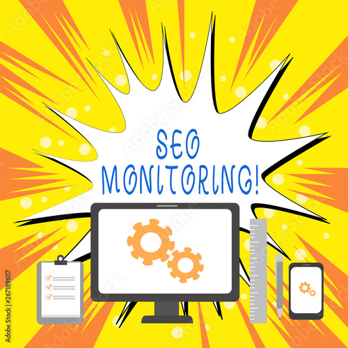 Text sign showing Seo Monitoring. Business photo showcasing the process of optimizing the visibility of your website