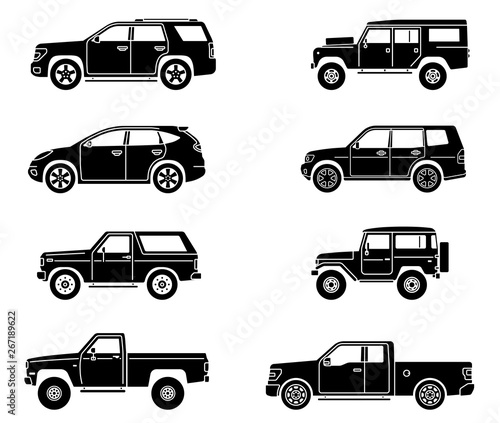 Off-road 4x4 suv cars set. Side view offroad car in different colors. Flat style suv. Vector illustration.