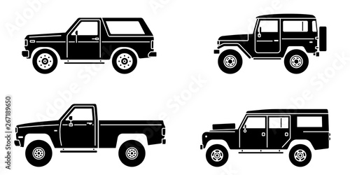 Off-road 4x4 suv cars set. Side view offroad car in different colors. Flat style suv. Vector illustration.