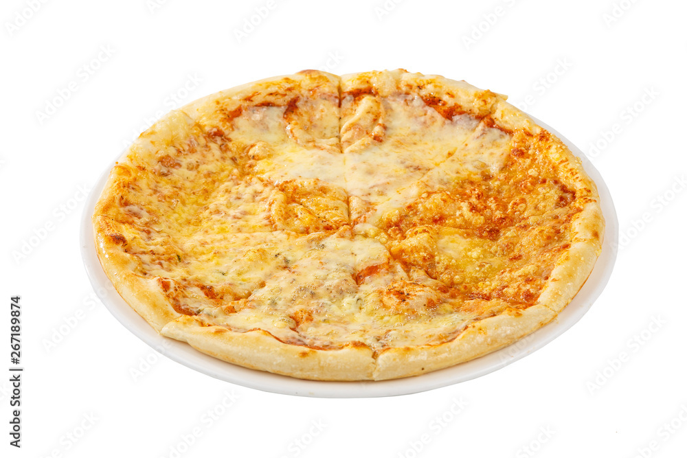 Pizza four cheeses whole round, cut into pieces, on a white isolated background, side view. Fast food in a pizzeria, a floury cheese product