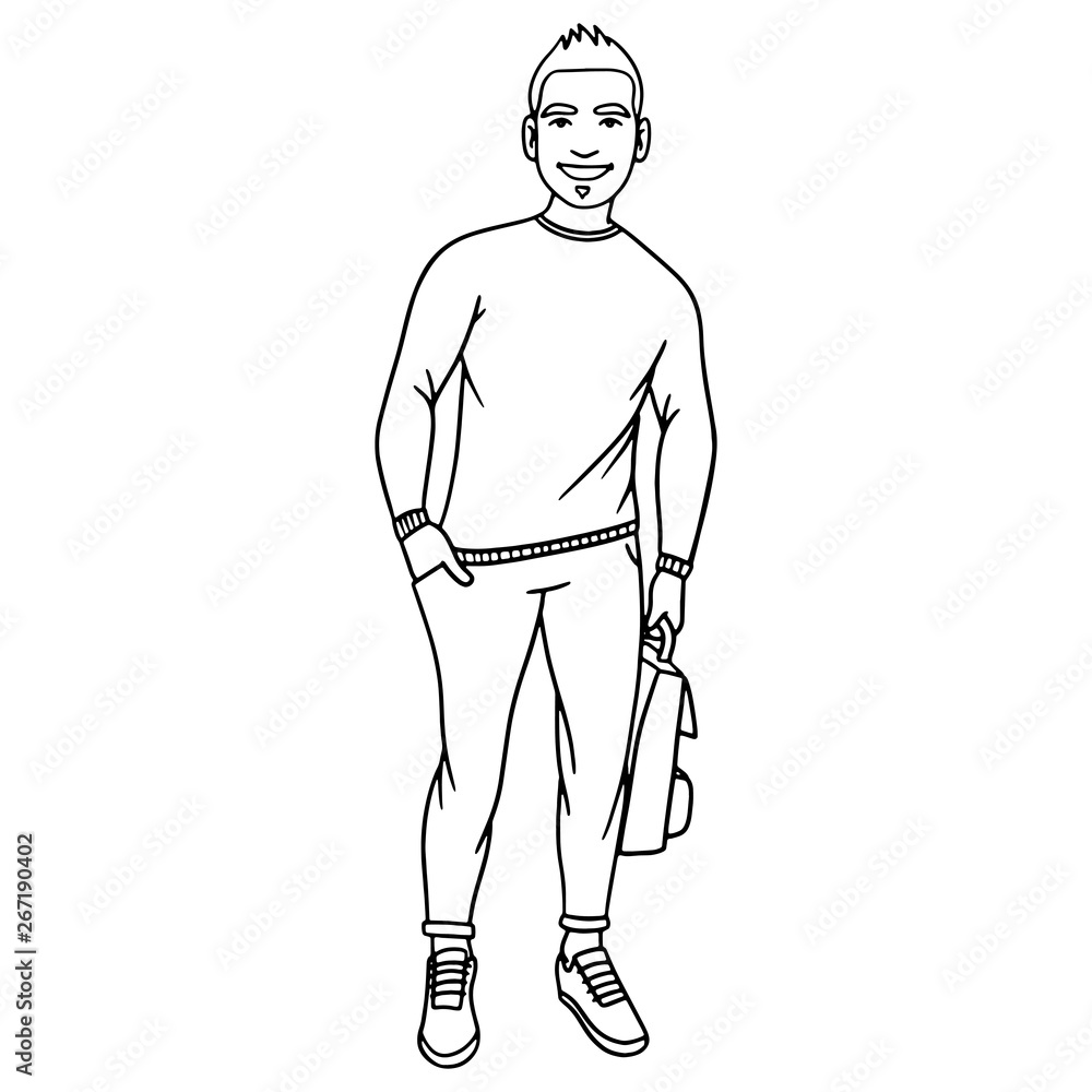 vector drawing of a schoolboy holding a school backpack in hand and standing there cool. black white, isolated, school, fashion.