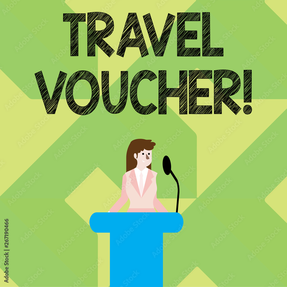 Writing note showing Travel Voucher. Business concept for Tradable transaction type worth a certain monetary value Businesswoman Behind Podium Rostrum Speaking on Microphone Writing note showing Travel Voucher. Business concept for Tradable transaction type worth a certain monetary value Businesswoman Behind Podium Rostrum Speaking on Microphone