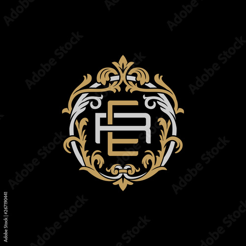 Initial letter R and E, RE, ER, decorative ornament emblem badge, overlapping monogram logo, elegant luxury silver gold color on black background