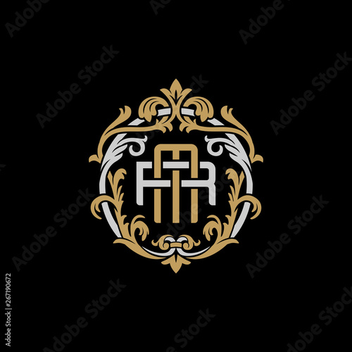 Initial letter R and M, RM, MR, decorative ornament emblem badge, overlapping monogram logo, elegant luxury silver gold color on black background