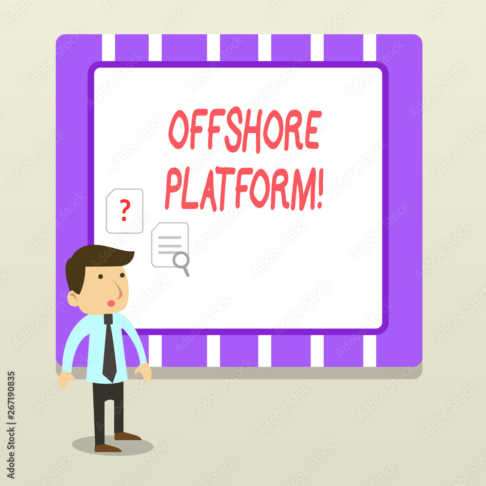 Handwriting text Offshore Platform. Conceptual photo structure with facilities for well drilling to explore Handwriting text Offshore Platform. Conceptual photo structure with facilities for well drilling to explore
