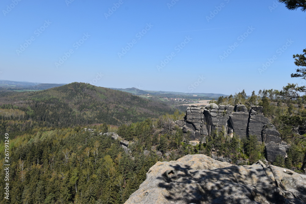 Fototapeta premium Panorama of Elbe Sandstone Mountains in beautiful Saxon Switzerland near Bohemian Switzerland in Germany