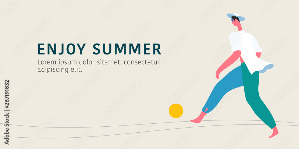 Young male character playing ball on the abstract beach vector illustration Young male character playing ball on the abstract beach vector illustration