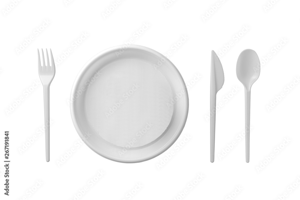 Plastic plate, spoon, fork and knife isolated on white background. Plastic plate, spoon, fork and knife isolated on white background.