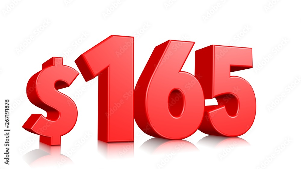 165$ One hundred sixty five price symbol. red text number 3d render with dollar sign on white background 165$ One hundred sixty five price symbol. red text number 3d render with dollar sign on white background