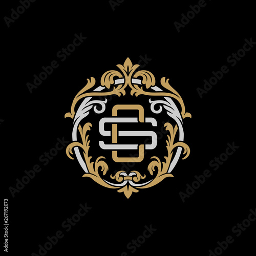 Initial letter S and C, SC, CS, decorative ornament emblem badge, overlapping monogram logo, elegant luxury silver gold color on black background