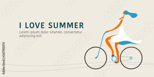 Young female character riding a bicycle vector illustration.