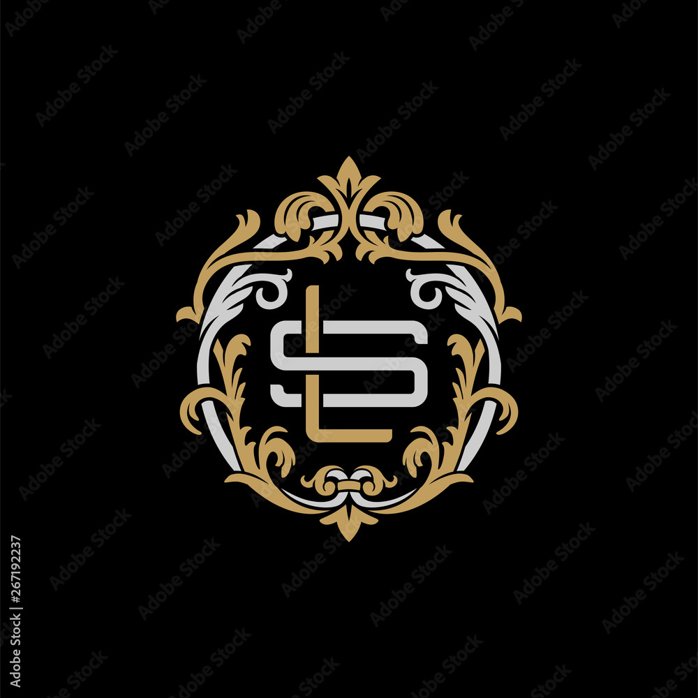 Obraz premium Initial letter S and L, SL, LS, decorative ornament emblem badge, overlapping monogram logo, elegant luxury silver gold color on black background