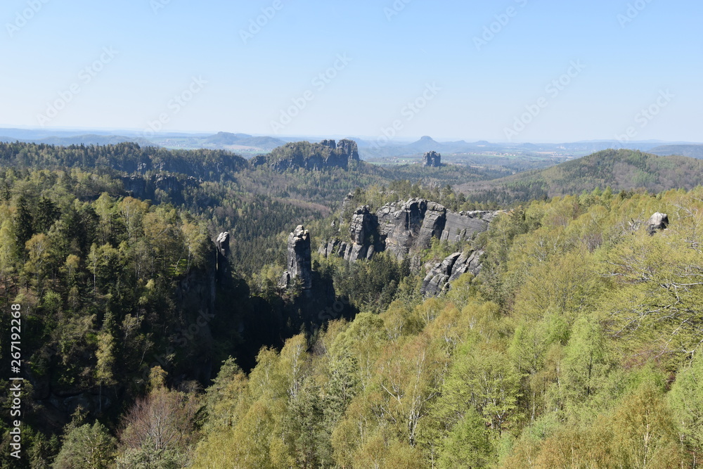 Fototapeta premium Panorama of Elbe Sandstone Mountains in beautiful Saxon Switzerland near Bohemian Switzerland in Germany
