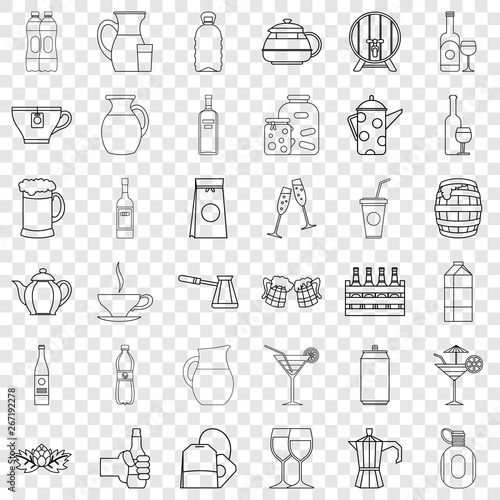 Beverage icons set. Outline style of 36 beverage vector icons for web for any design