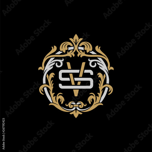Initial letter S and V, SV, VS, decorative ornament emblem badge, overlapping monogram logo, elegant luxury silver gold color on black background