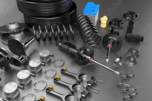 Auto parts spare parts car on the grey background. Set with many new items for shop or aftermarket. Auto parts for car. 3D rendering