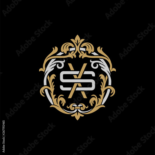 Initial letter S and X, SX, XS, decorative ornament emblem badge, overlapping monogram logo, elegant luxury silver gold color on black background